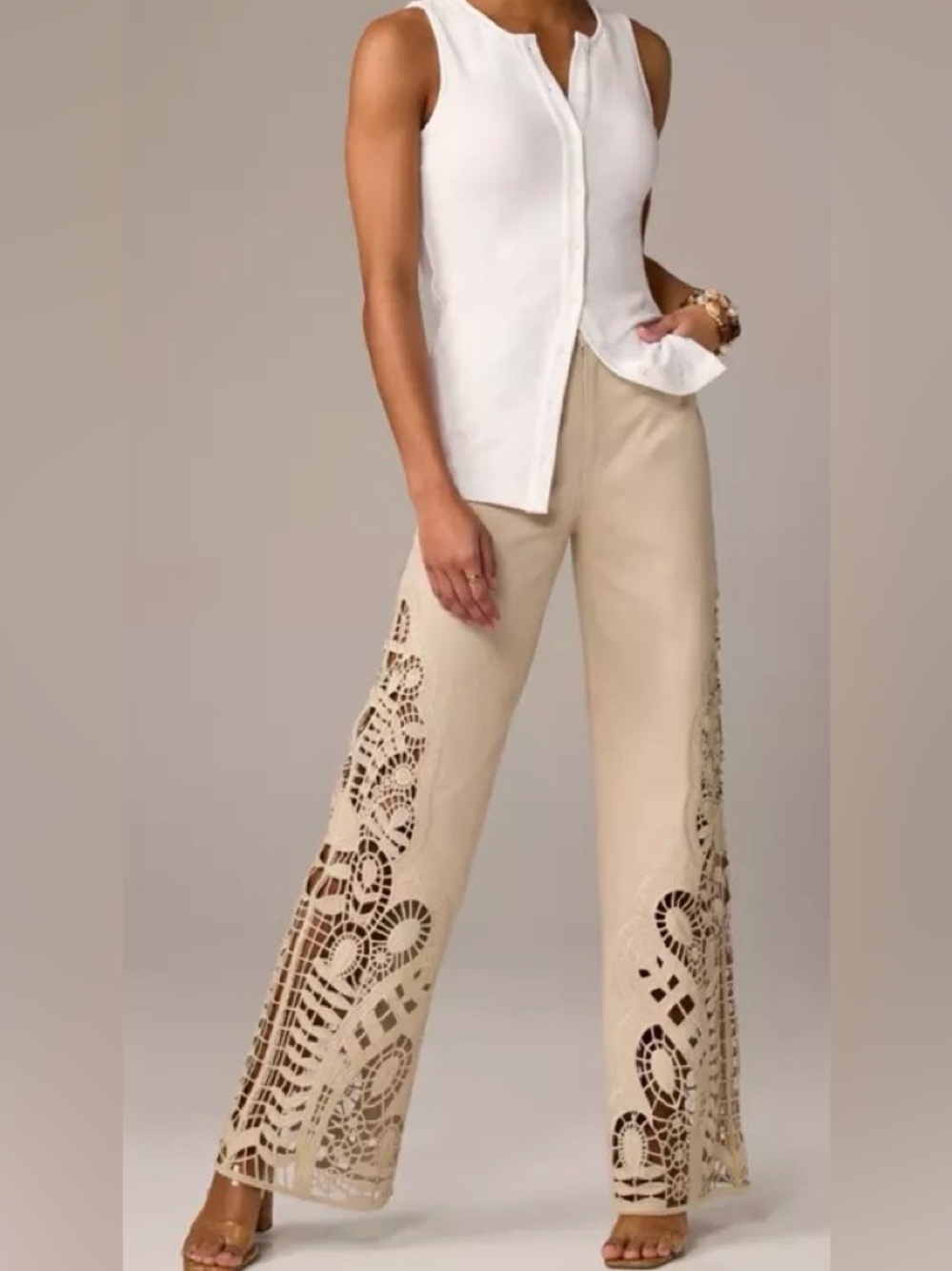 BOSTON PROPER WIDE LEG EMBROIDERED PANTS